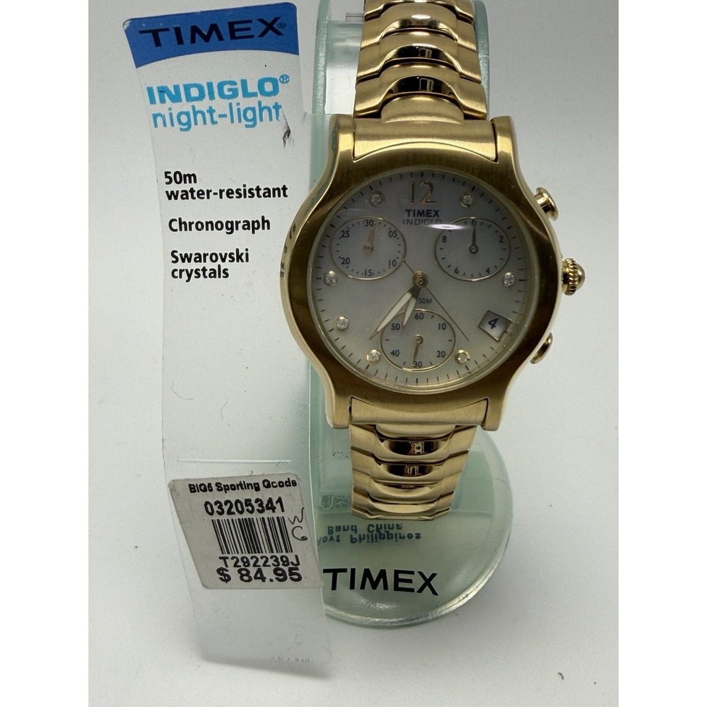 NEW TIMEX 20523 GOLD TONE LADIES WATCH CHRONOGRAPH SWAROVSKI CRYSTALS MOP